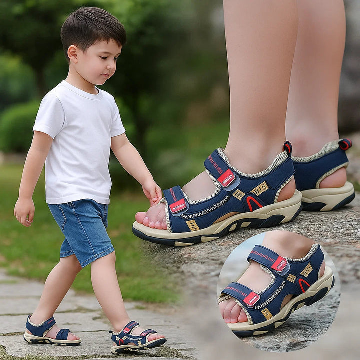 Child wearing blue summer sandals, with close-up views of the straps and fit