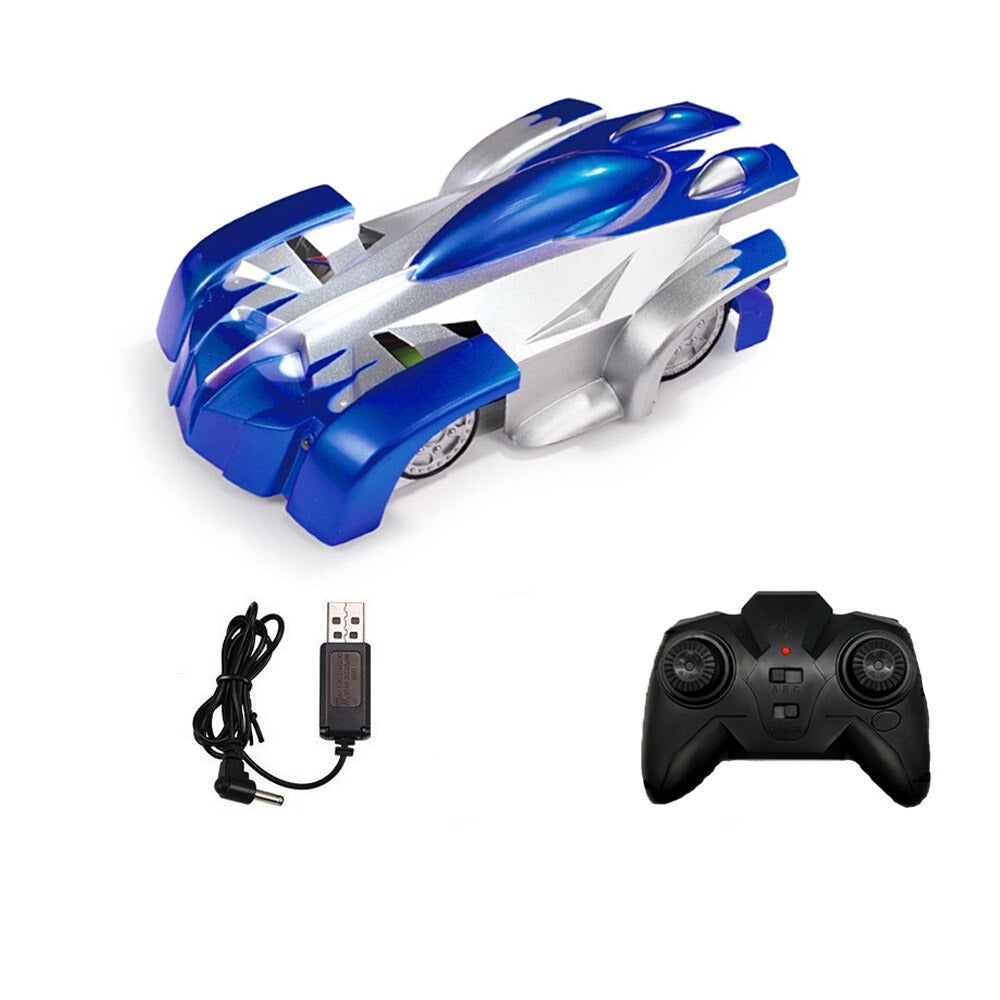 Blue-and-silver remote-control car with its black controller and USB charging cable
