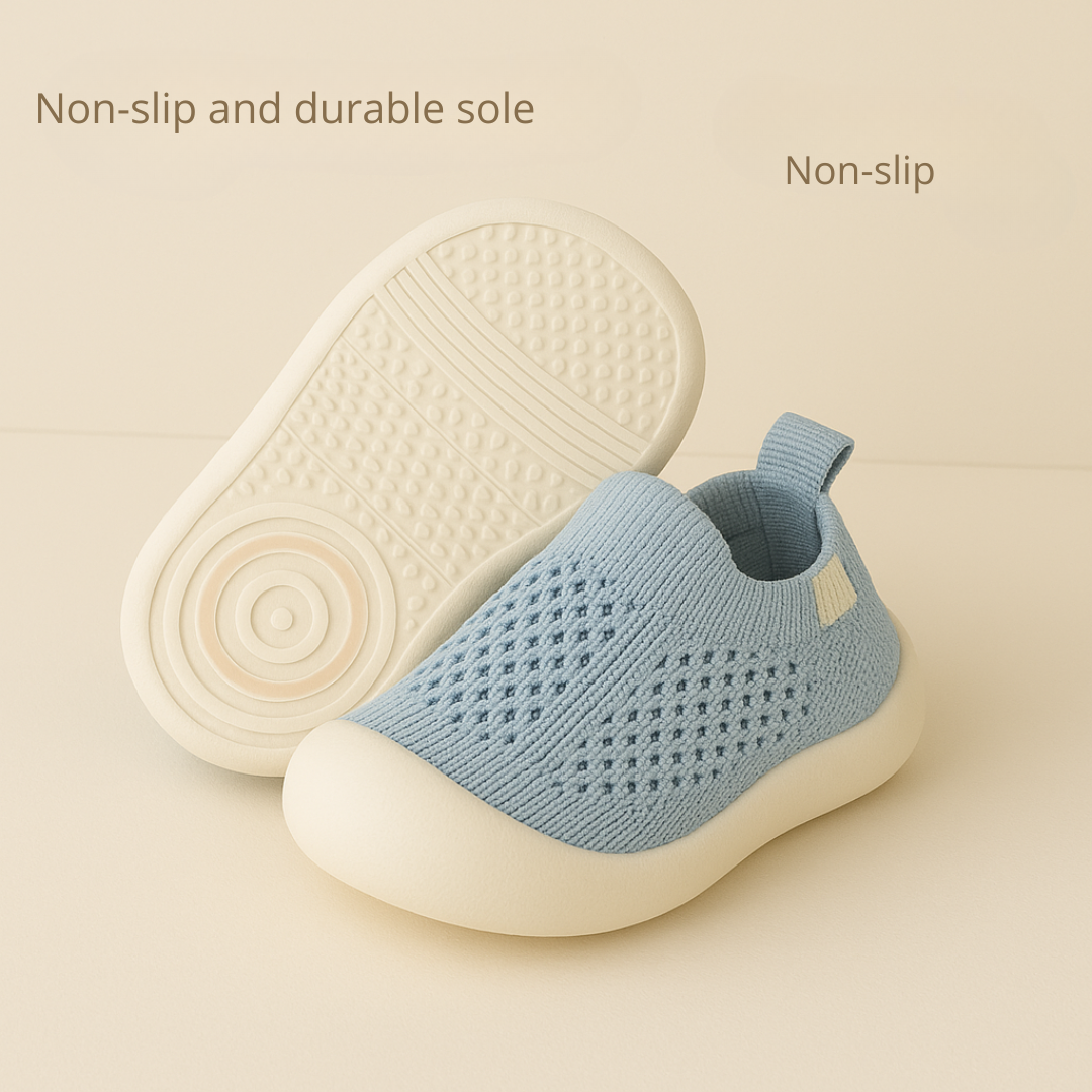 Blue mesh sneakers showing the side profile and patterned sole tread.