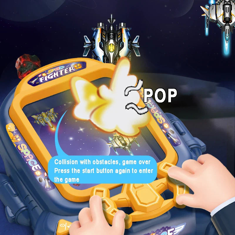 Blue space arcade game showing an obstacle collision and restart instructions