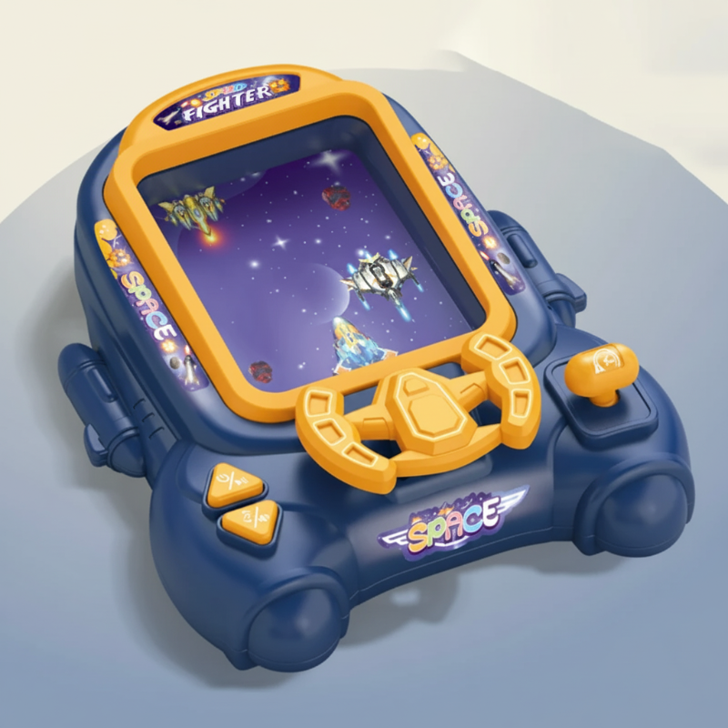 Blue tabletop space arcade game with a yellow steering wheel and buttons