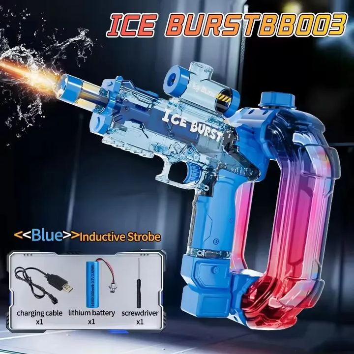 Blue automatic water gun with a transparent body, USB cable, battery, and mini screwdriver.