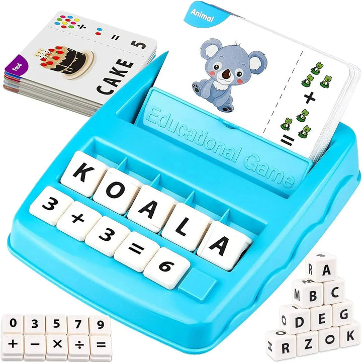 Blue spelling and math tray with a koala card, letter cubes, and a 3 + 3 = 6 equation.
