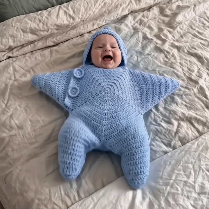 Baby wearing a blue hooded star-shaped knit jumpsuit on light bedding