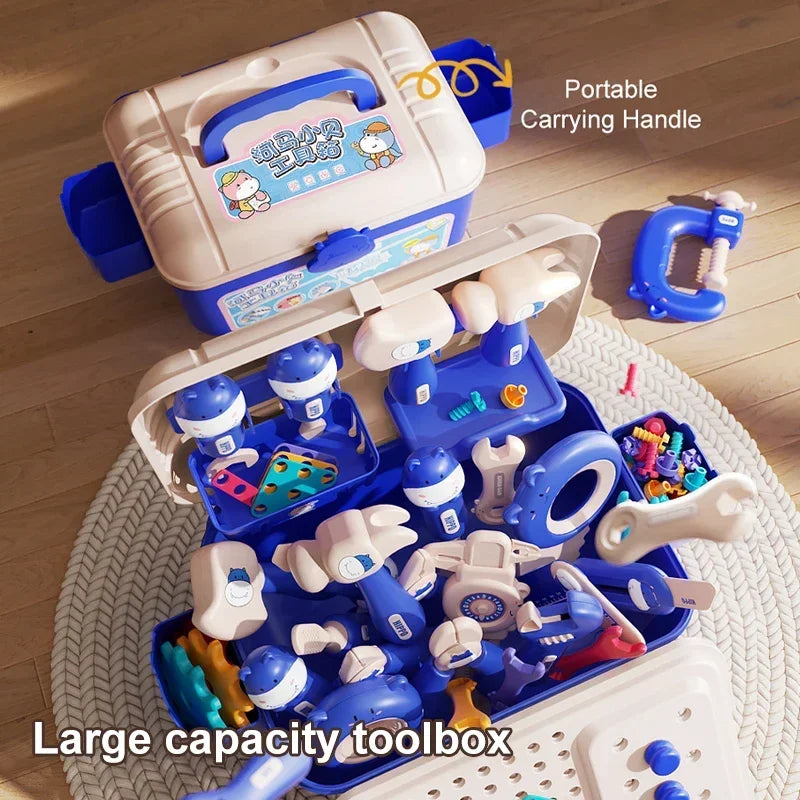 Open blue toolbox holding toy tools and building parts, with its carrying handle shown above