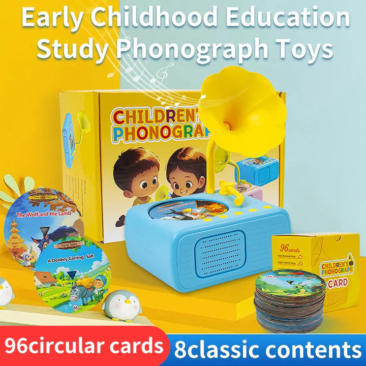 Blue story player with a yellow horn, round story cards, and retail box