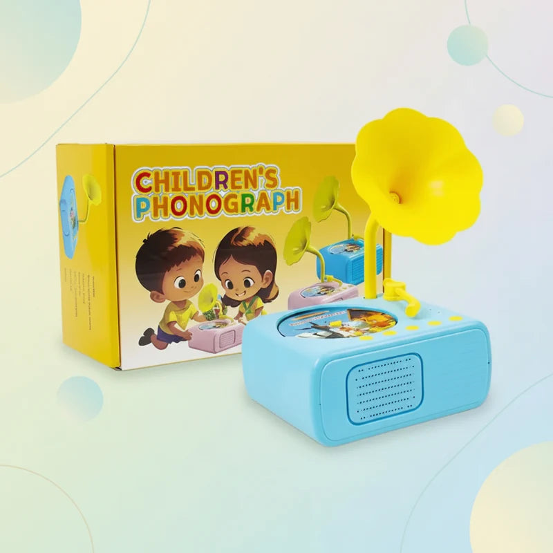 Blue story player with a yellow horn displayed beside its retail box