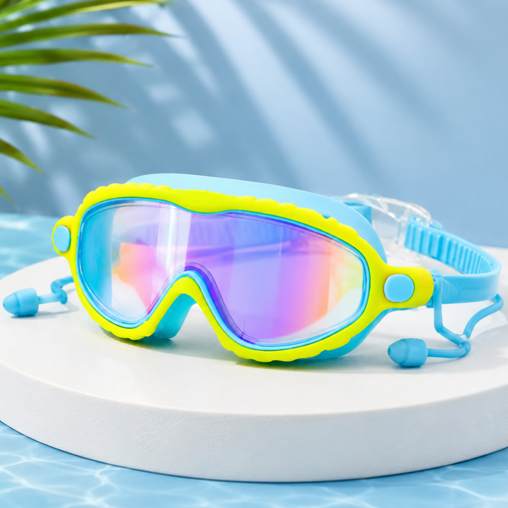 Blue-and-yellow swimming goggles with mirrored lenses, a blue strap and attached earplugs
