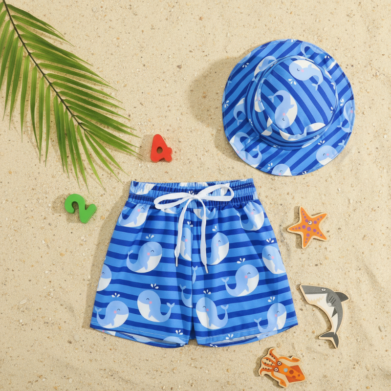 Blue striped whale-print swim trunks with a matching bucket hat
