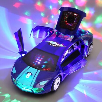 Blue stunt toy car with raised doors, a striped hood, and colorful lights on the floor.