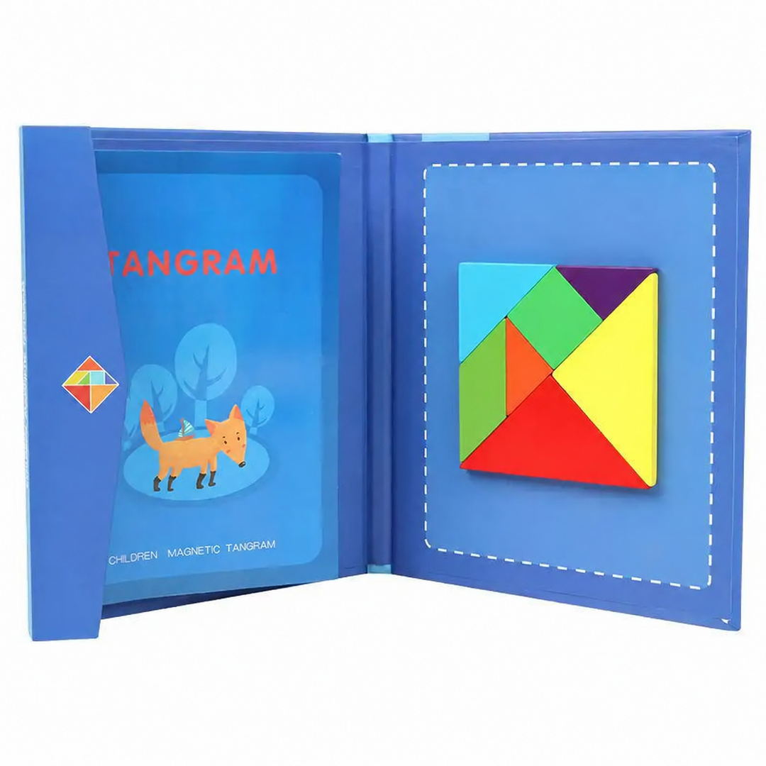 Open blue magnetic tangram booklet with seven colored pieces arranged in a square
