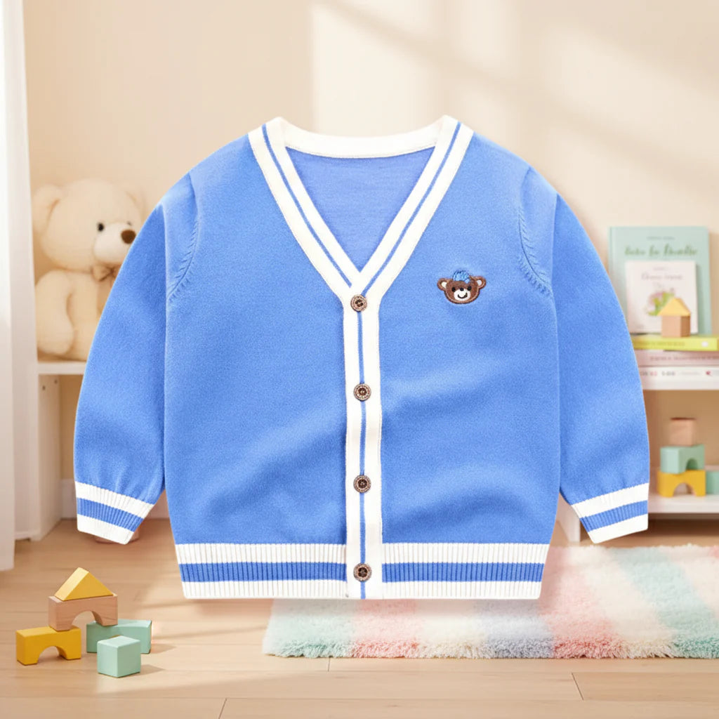 Blue teddy bear knit cardigan with white striped trim and front buttons