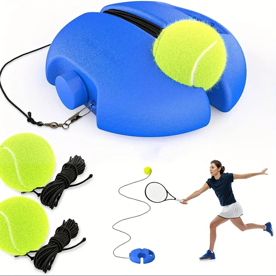 Blue tennis trainer base with yellow tennis balls, black elastic cords, and a player demonstration