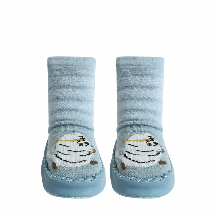 Blue striped sock shoes with tiger faces, shown as a pair