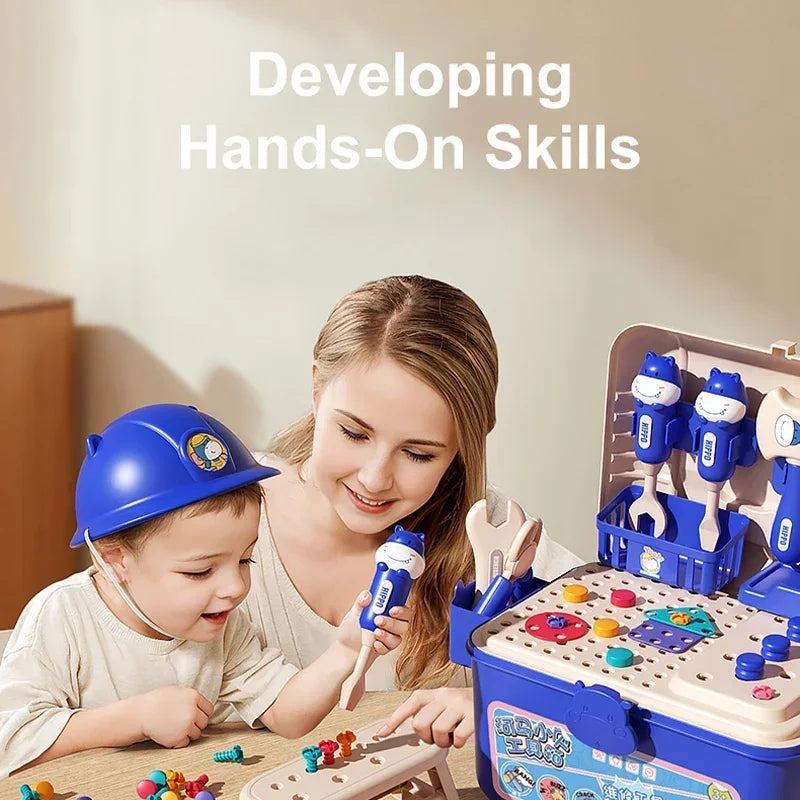 Child and adult using a blue toy drill and building pieces beside an open toolbox