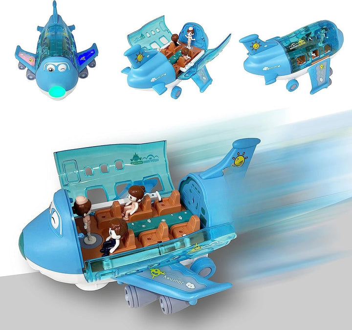 Blue toy airplane shown from several angles with an opening passenger cabin