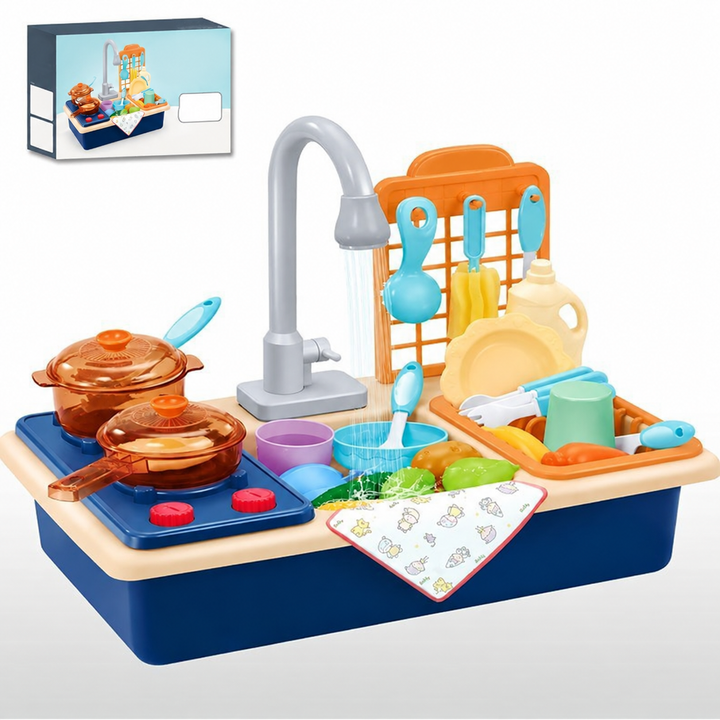 Blue toy kitchen with cookware, dishes, hanging utensils, and packaging