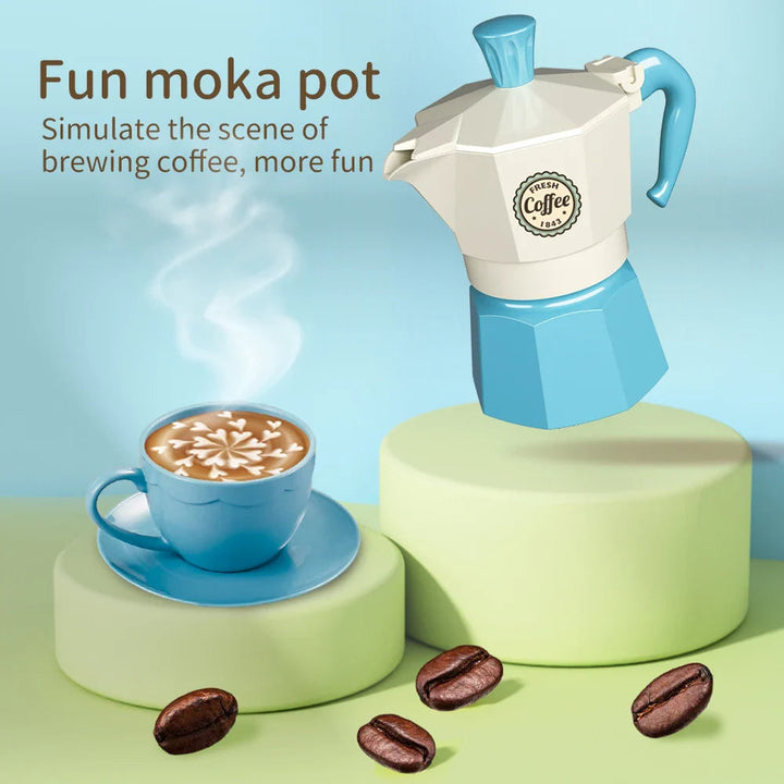 Blue and cream toy moka pot beside a matching cup and saucer