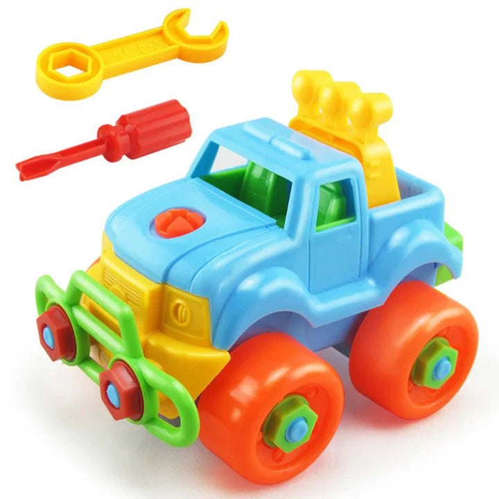 Blue toy pickup with orange wheels, a yellow wrench, and a red screwdriver