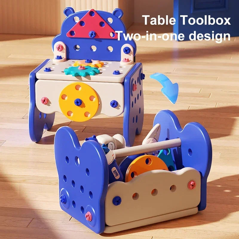 Blue toy tool set assembled as a small workbench and an open carrying toolbox