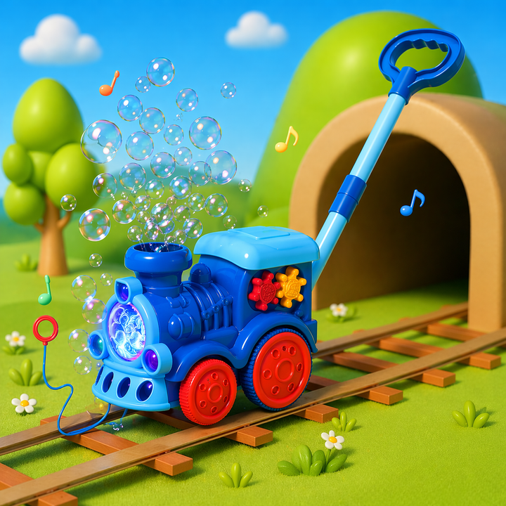 Blue train bubble push cart with red wheels and a long blue handle.