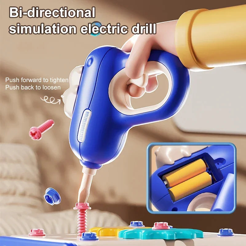 Blue toy drill shown with play screws and an inset of its two-battery compartment