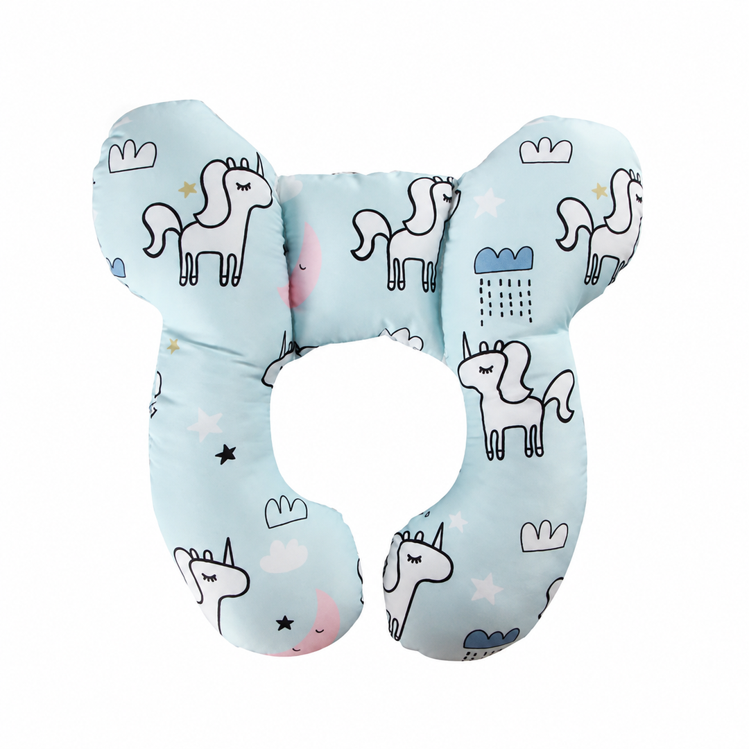 Light blue butterfly-shaped pillow with unicorns and small cloud motifs