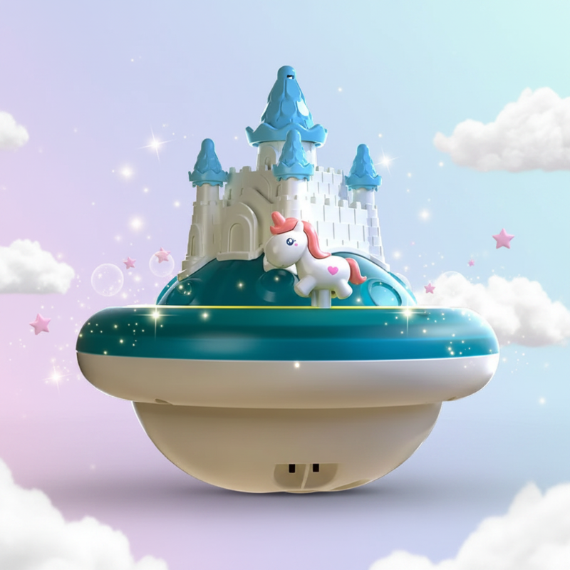 Blue unicorn castle bath toy with white towers, blue turrets, and yellow trim