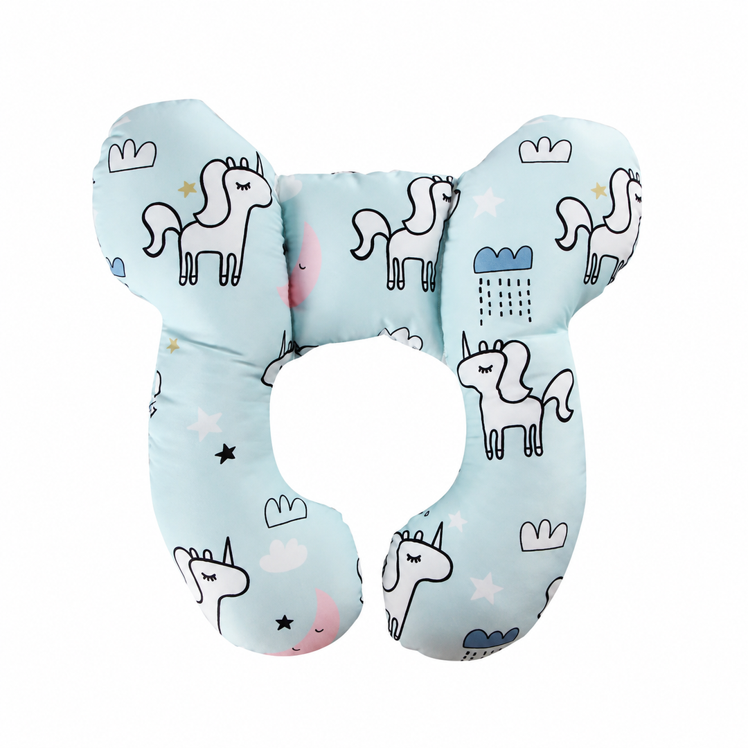 Pale blue unicorn-print pillow with a rounded outline and open center