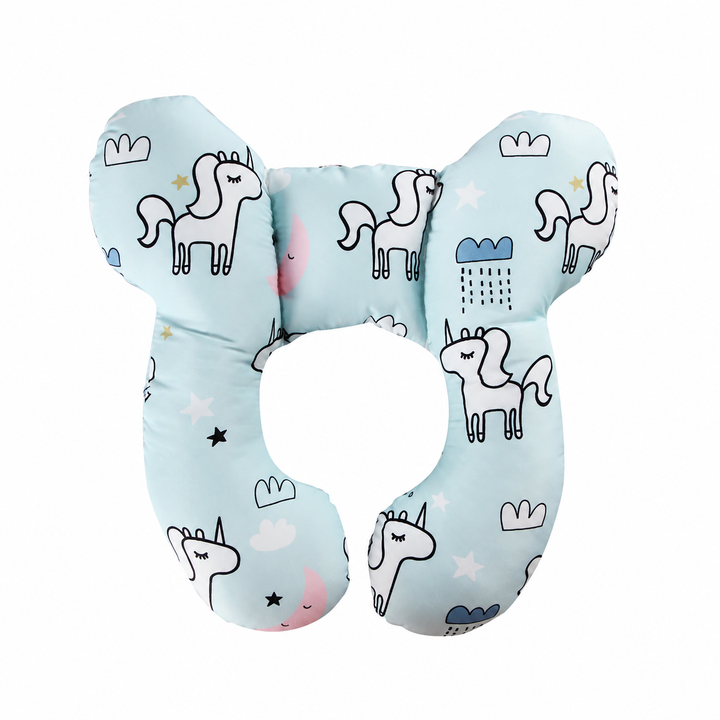 Pale blue unicorn-print pillow with a rounded outline and open center