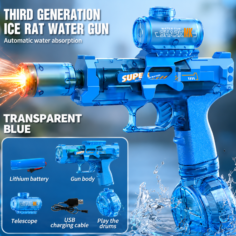 Blue water blaster with an inset showing its rechargeable battery and accessories