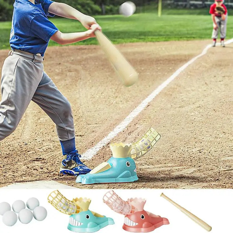 Batter swinging on a baseball field with a blue whale-shaped pitcher shown beside him