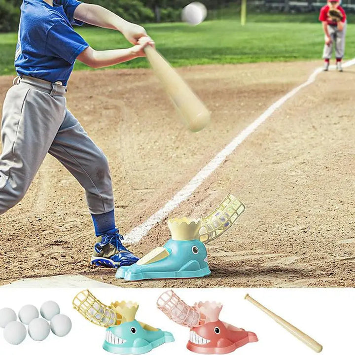 Batter swinging on a baseball field with a blue whale-shaped pitcher shown beside him