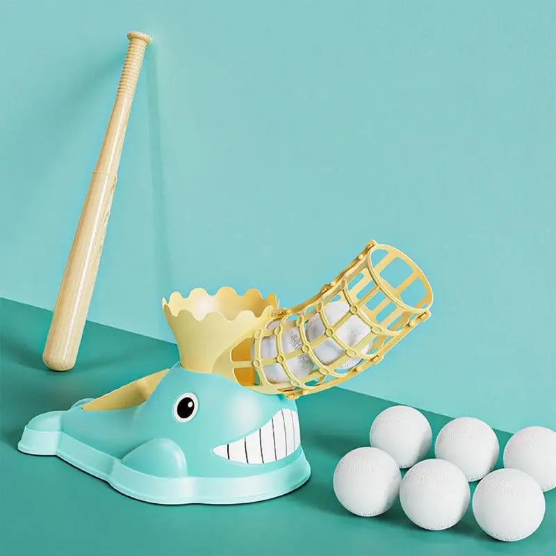 Blue baseball pitching set with a whale-shaped machine, bat and six white balls