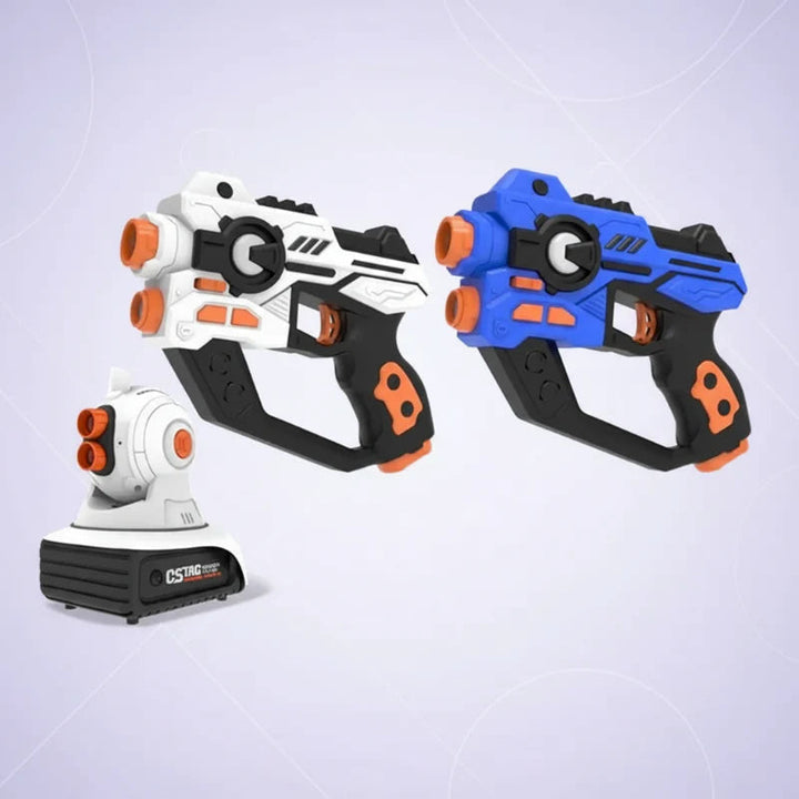 Two laser tag blasters with a white target projector on a black base
