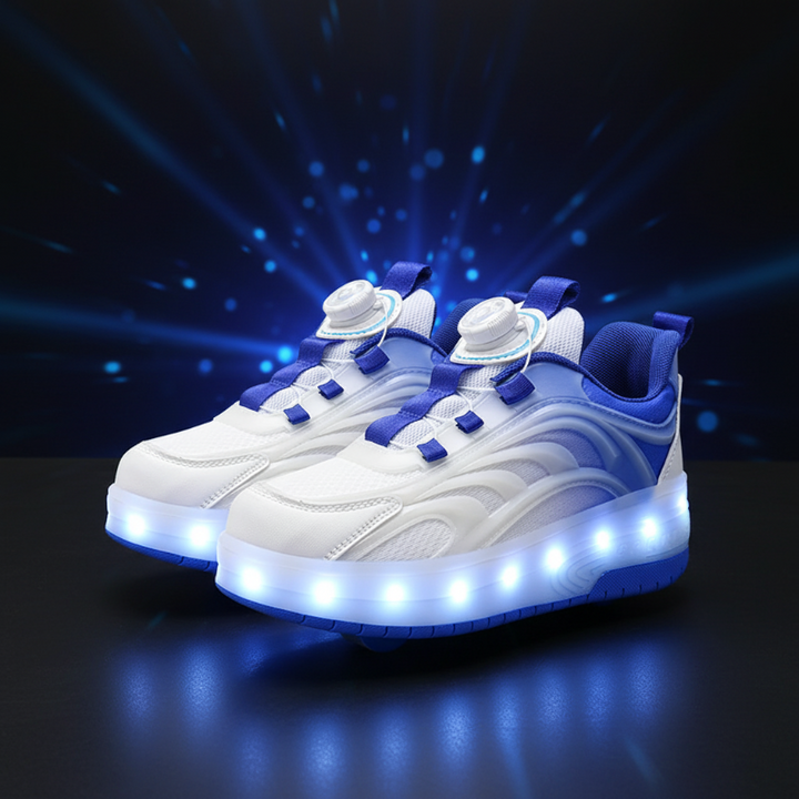 Pair of blue-and-white roller sneakers with dial closures and bright LED soles