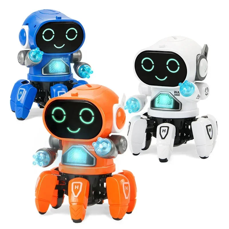 Blue, white, and orange smiling toy robots with glowing hand and chest details