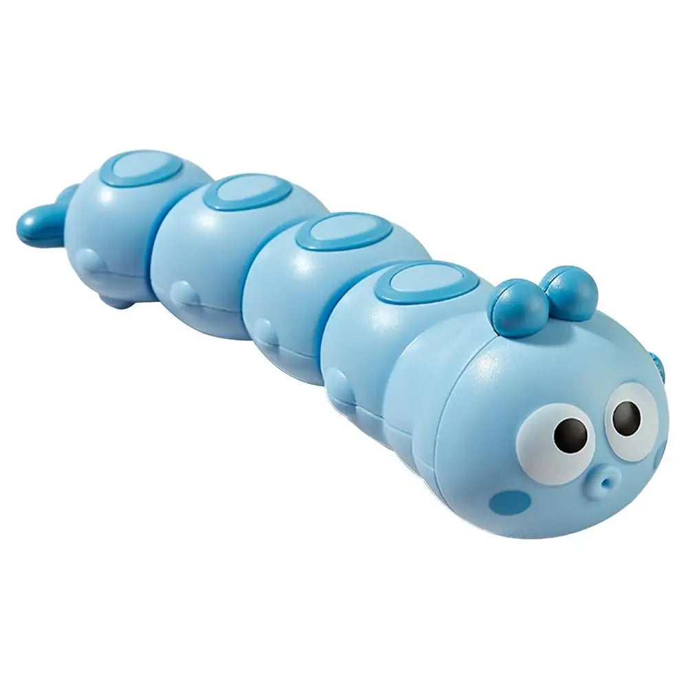 Blue wind-up caterpillar toy with a rounded segmented body and side winding knob