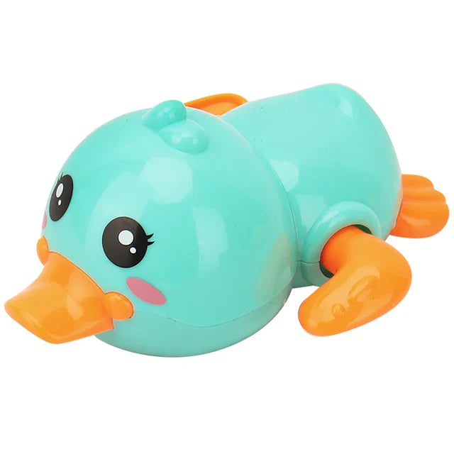 Blue duck bath toy with an orange bill and side paddles.
