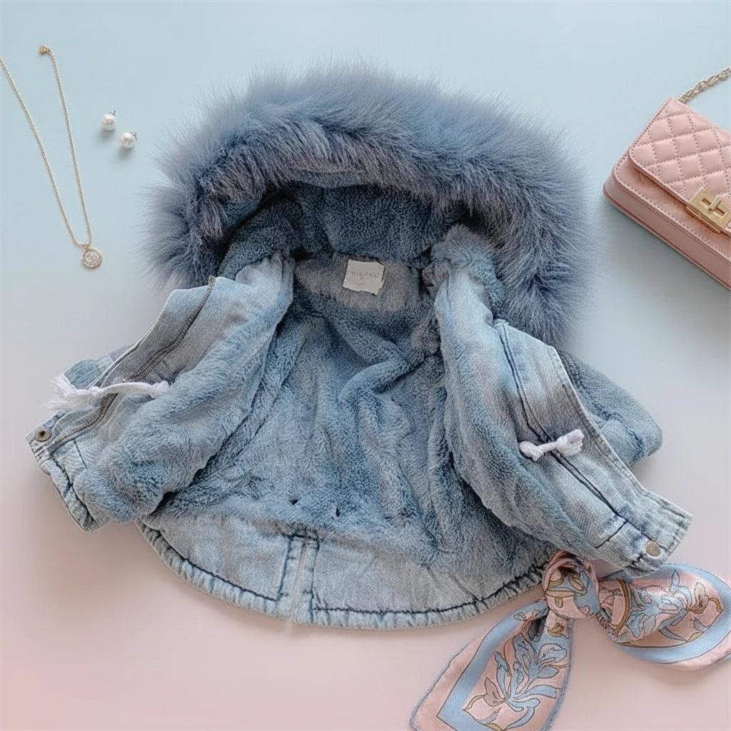 Blue hooded winter coat opened to show its soft lining