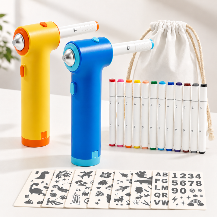 Blue and yellow airbrush tools with colored markers, stencil sheets, and a drawstring storage bag