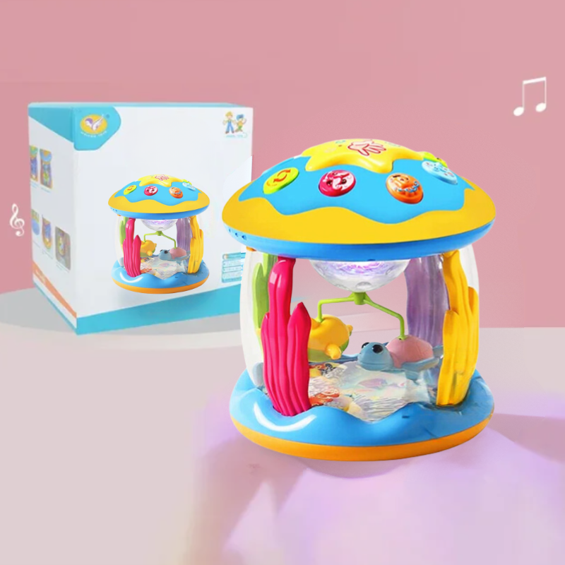 Blue and yellow musical carousel with multicolored columns beside the product box