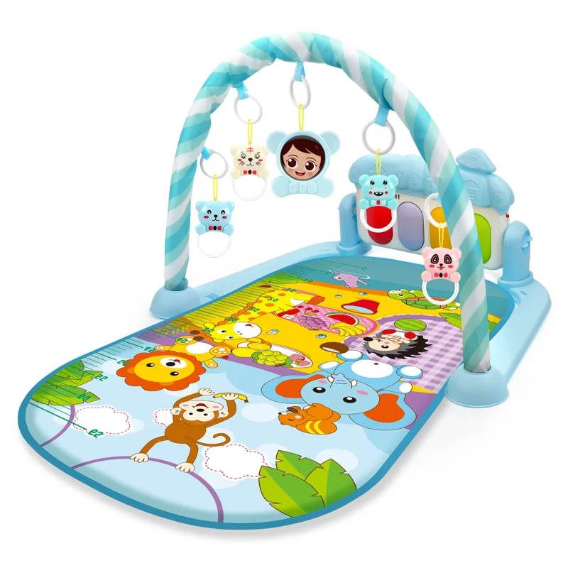 Blue zoo animal baby gym with a striped arch and hanging animal toys
