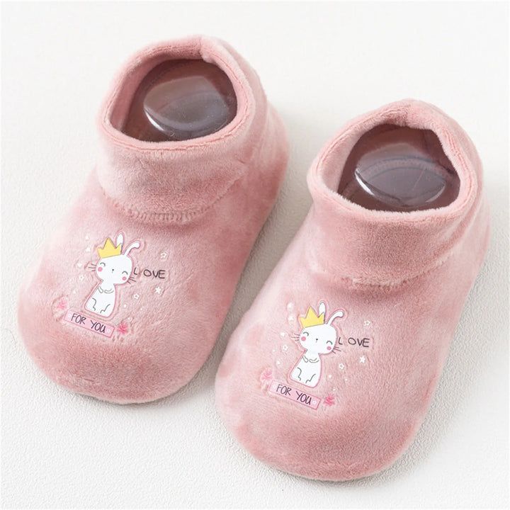 Blush pink sock shoes with crowned bunny prints