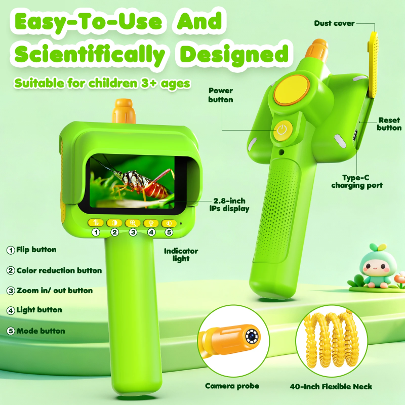 Front and rear views of the green borescope camera with labeled controls and flexible probe