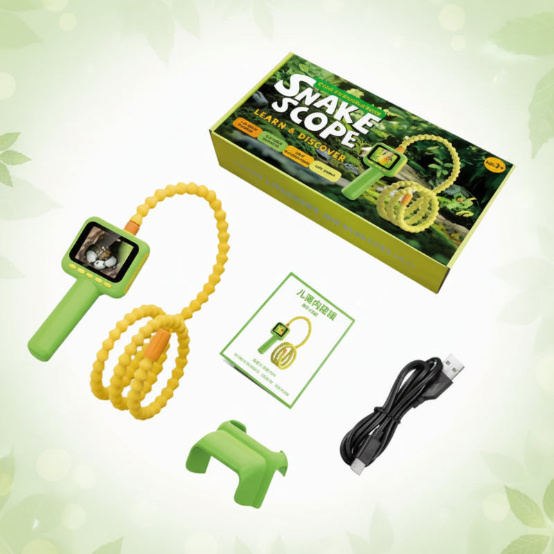 Borescope kit with retail box, detachable sunshade, USB charging cable, and instruction booklet