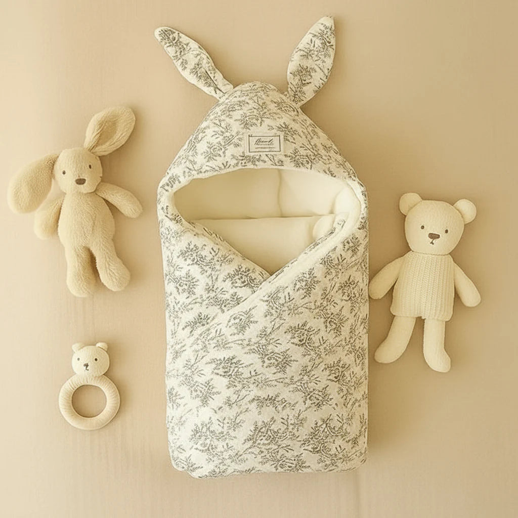 Botanical print swaddle blanket with a bunny-ear hood beside soft toys