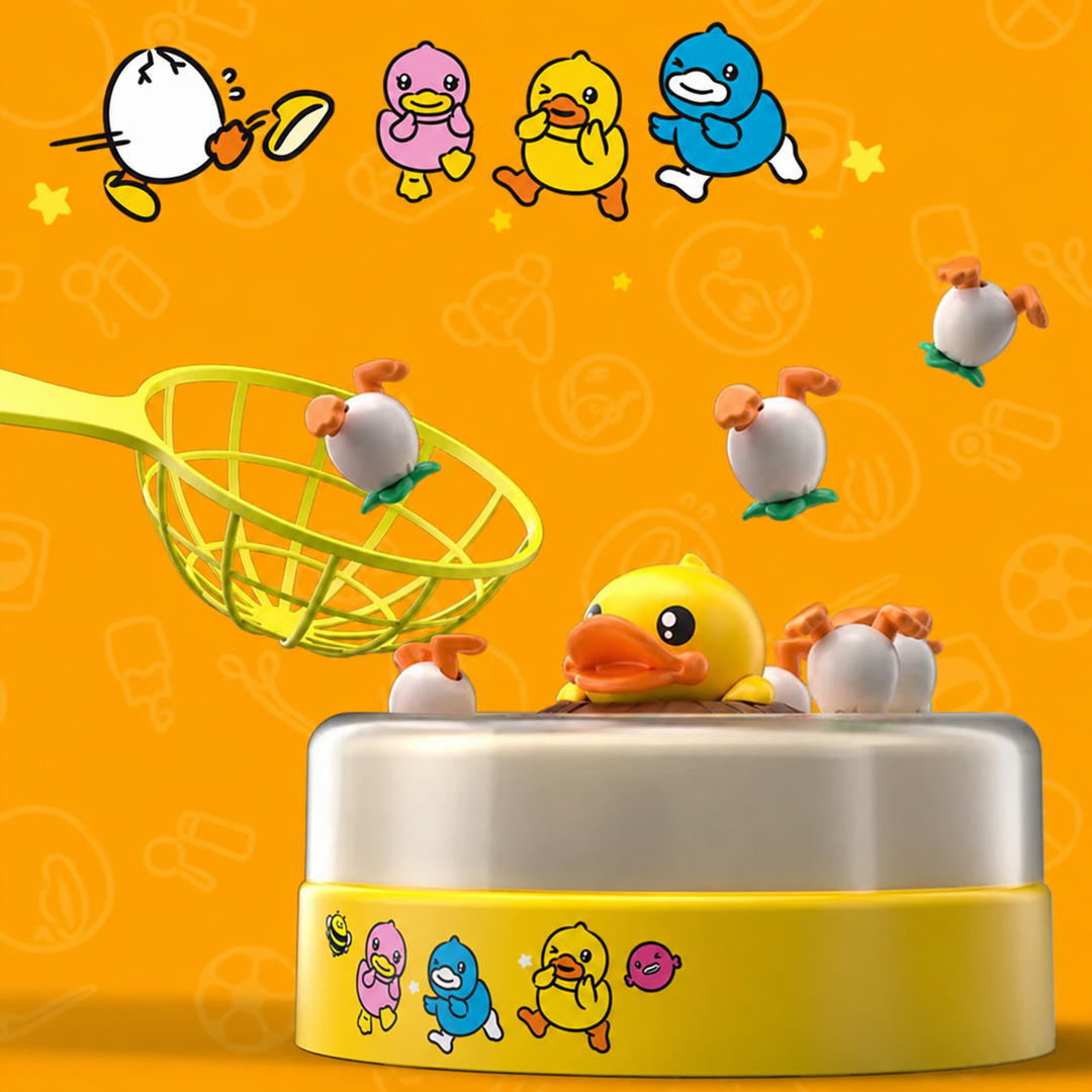 Duck-catching game on an orange background with a net and airborne egg-shaped pieces