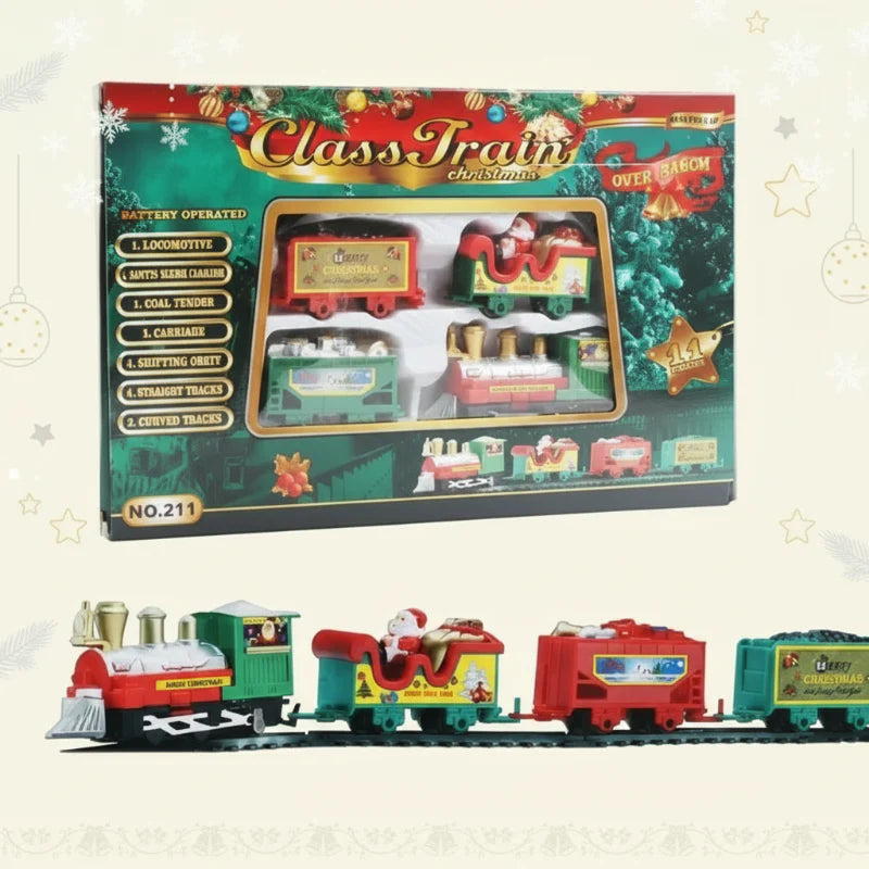 Boxed Christmas train set with a locomotive and three festive cars displayed in front.