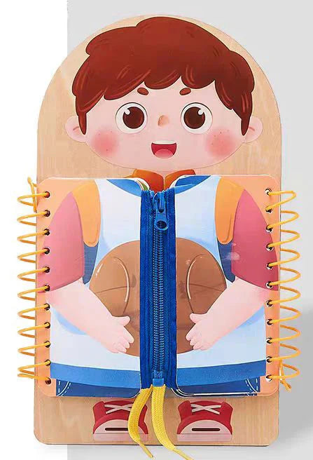 Boy-style character activity board with a blue zipper, yellow side bindings, and yellow laces